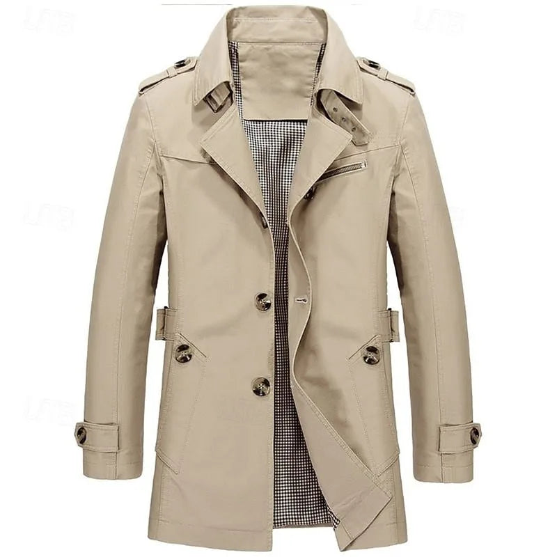 Army green trench coat close-up of chest zip pocket and stitched panel seams