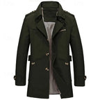 Black trench coat full front view on a plain background showing overall length and fit
