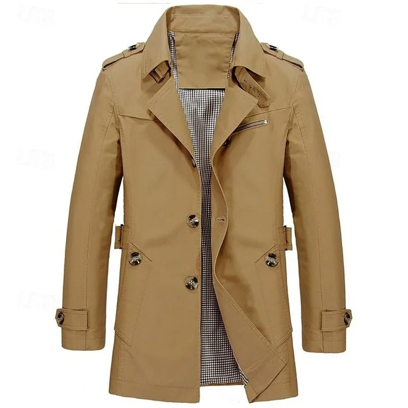 Army green trench coat full front view showing collar, buttons and welt pocket tabs