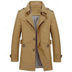 Army green trench coat full front view showing collar, buttons and welt pocket tabs
