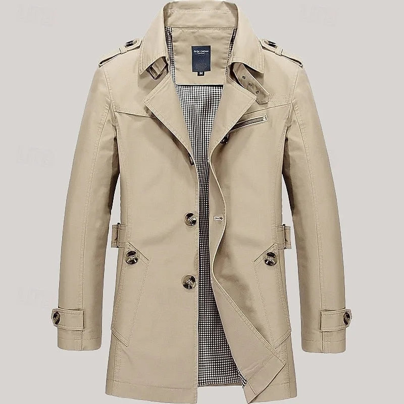 Beige single-breasted trench coat, front view with checked lining visible at the open collar
