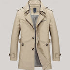 Beige single-breasted trench coat, front view with checked lining visible at the open collar