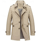 Beige trench coat, front view showing chest zip pocket and welt front pockets with tabs