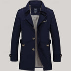 Navy blue trench coat, front view with epaulettes and checked interior lining