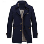 Navy blue trench coat, straight-on view showing button placket and structured collar