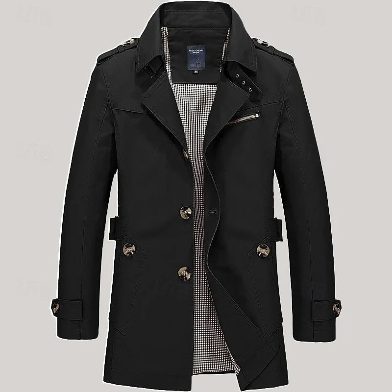 Black trench coat, front view highlighting clean tailored silhouette and welt pockets