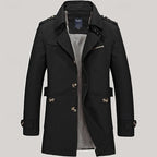 Black trench coat, front view highlighting clean tailored silhouette and welt pockets