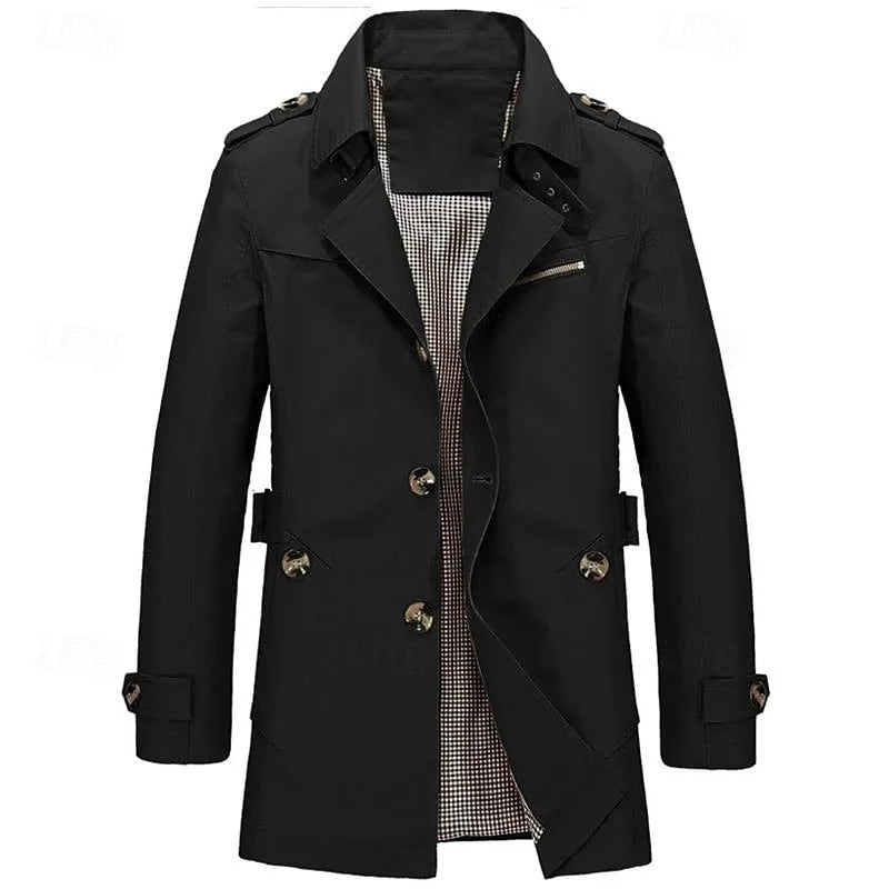 Black trench coat, front view showing zip chest pocket and adjustable cuff tabs