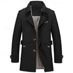 Black trench coat, front view showing zip chest pocket and adjustable cuff tabs