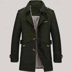 Army green trench coat, front view with epaulettes and checked lining at the collar