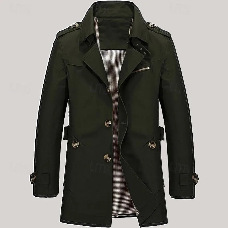 Army green trench coat, front view with epaulettes and checked lining at the collar