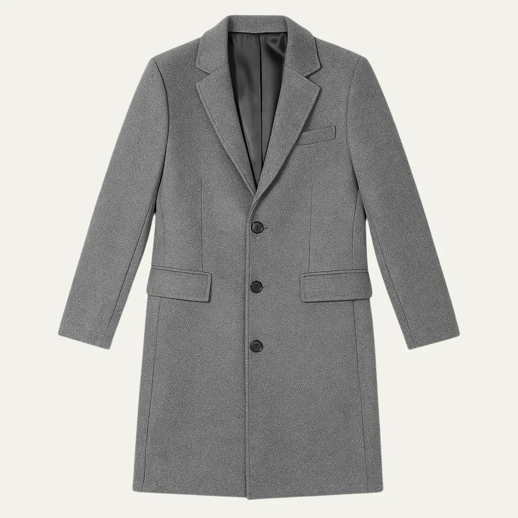 Grey wool blend overcoat laid flat, showing notch lapel, three-button front and flap pockets