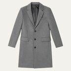 Grey wool blend overcoat laid flat, showing notch lapel, three-button front and flap pockets