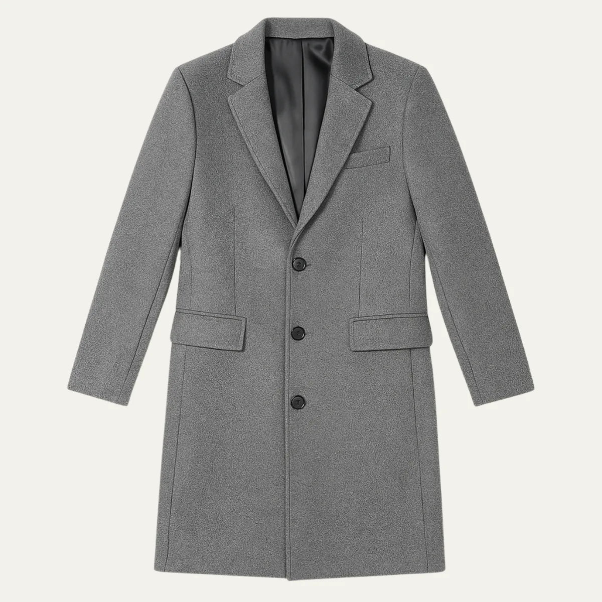 Grey wool blend overcoat laid flat, showing notch lapel, three-button front and flap pockets