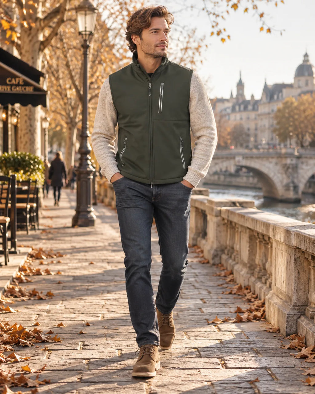 Close-up walking shot of a dark green softshell gilet with zipped chest pocket worn with jeans and suede boots by the river.