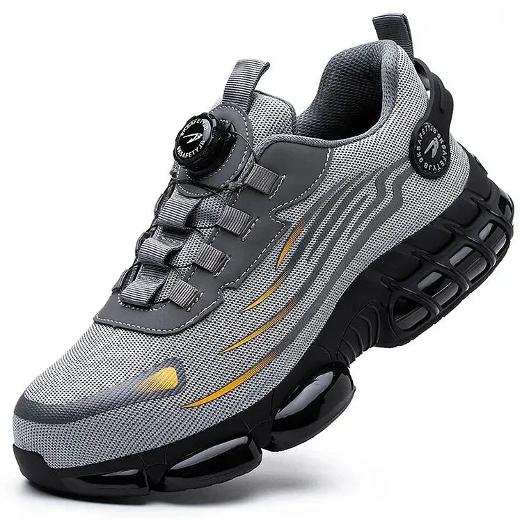 Three-quarter view showing woven textile upper with reflective grey stripes and BOA-style dial closure