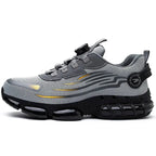 Full side profile of the trainer showing the layered ridged outsole and safety patch badges