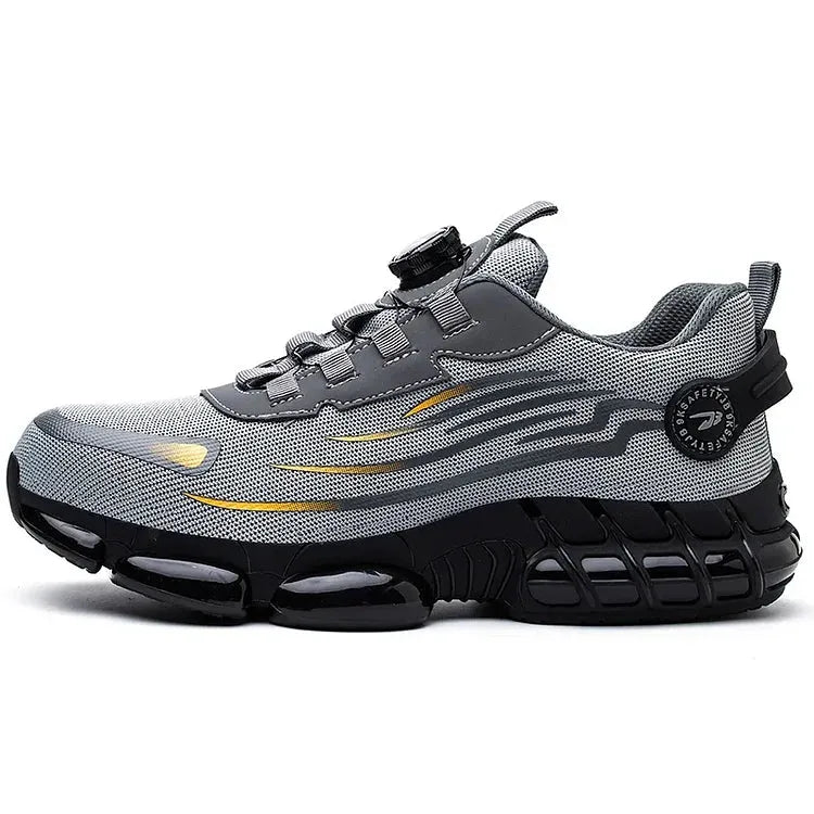 Full side profile of the trainer showing the layered ridged outsole and safety patch badges