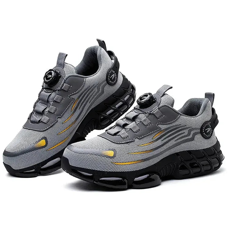 Pair of trainers shown together, one on its side, displaying matching dial closures and sole cushioning