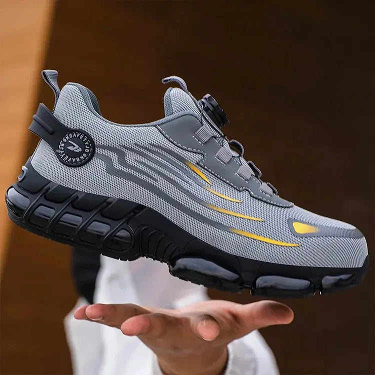 Lifestyle shot of a single trainer held above an open palm, showcasing the full silhouette