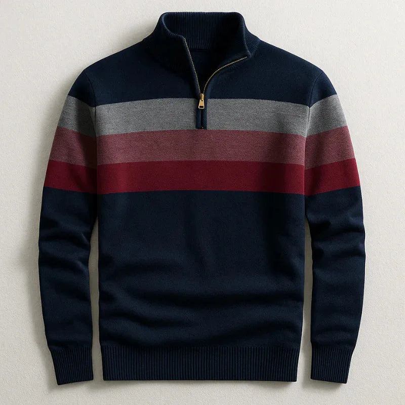 Navy quarter-zip jumper with grey and burgundy chest stripes, ribbed collar and cuffs, front view