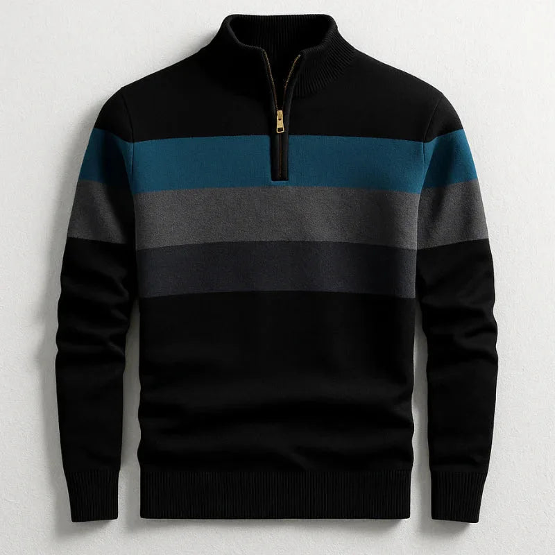 Black quarter-zip jumper with teal and grey chest stripes, gold-tone zip pull, front flat lay