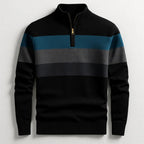 Black quarter-zip jumper with teal and grey chest stripes, gold-tone zip pull, front flat lay