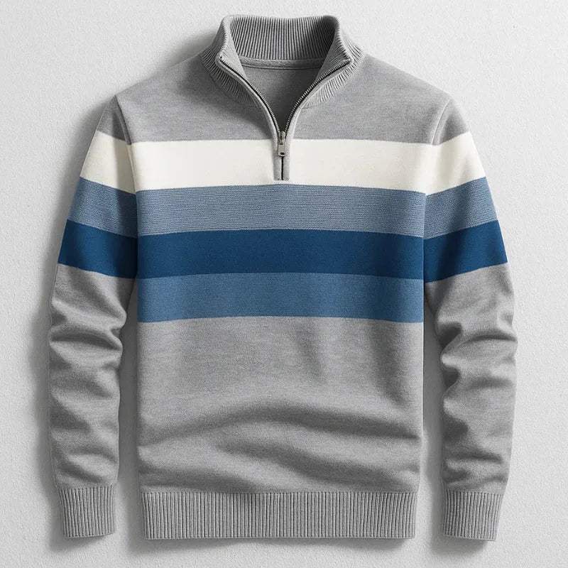 Grey marl quarter-zip jumper with cream and blue chest stripes, ribbed hem, front view