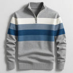 Grey marl quarter-zip jumper with cream and blue chest stripes, ribbed hem, front view
