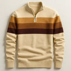 Beige quarter-zip jumper with tan and burgundy chest stripes, zipped stand collar, front flat lay