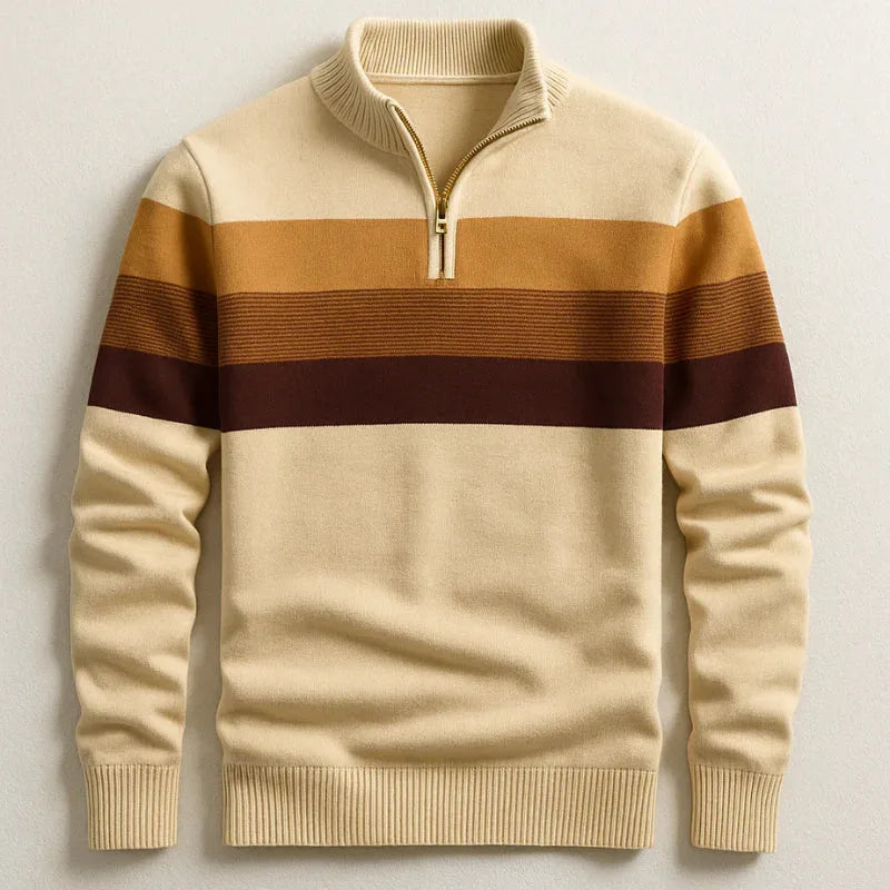 Beige quarter-zip jumper with tan and burgundy chest stripes, zipped stand collar, front flat lay