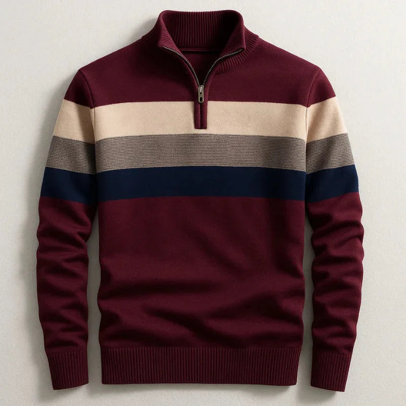 Burgundy quarter-zip jumper with cream, taupe and navy chest stripes, ribbed cuffs, front view