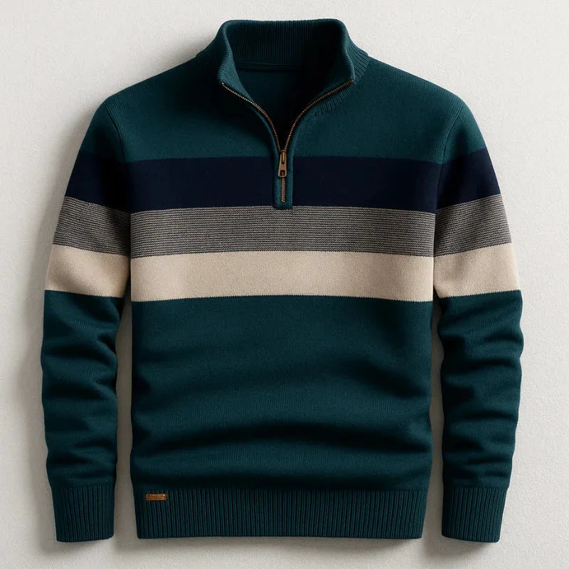 Dark green quarter-zip jumper with navy and cream chest stripes, branded hem tab, front flat lay