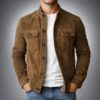 Front view of a tan suede jacket with button-up placket and dual chest pockets, worn with a white tee