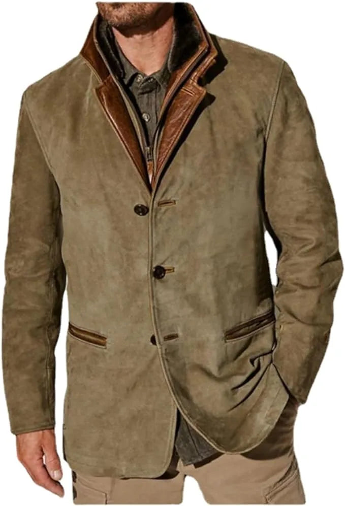 Front view of khaki suede-look button-up jacket with contrast brown leather collar and stand-up trim