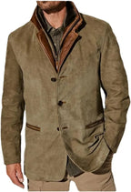 Front view of khaki suede-look button-up jacket with contrast brown leather collar and stand-up trim