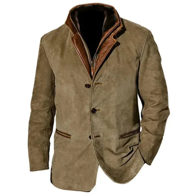 Khaki jacket shown front-on against white background, highlighting leather collar and three-button closure