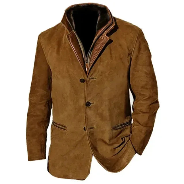 Tan brown version of the jacket with matching leather collar trim and welt pockets