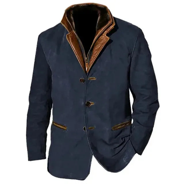 Navy blue version of the jacket showing the stand-up collar in contrasting brown leather
