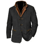 Black version of the jacket with brown leather collar and cuffs against a plain background