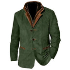 Olive green version of the jacket displaying the same tailored cut and leather trim details
