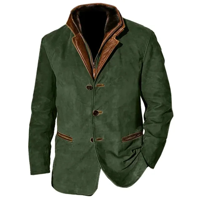 Olive green version of the jacket displaying the same tailored cut and leather trim details