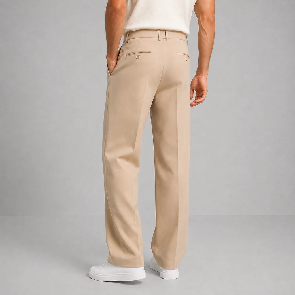 Rear view of beige tailored trousers showing back welt pockets and straight leg cut