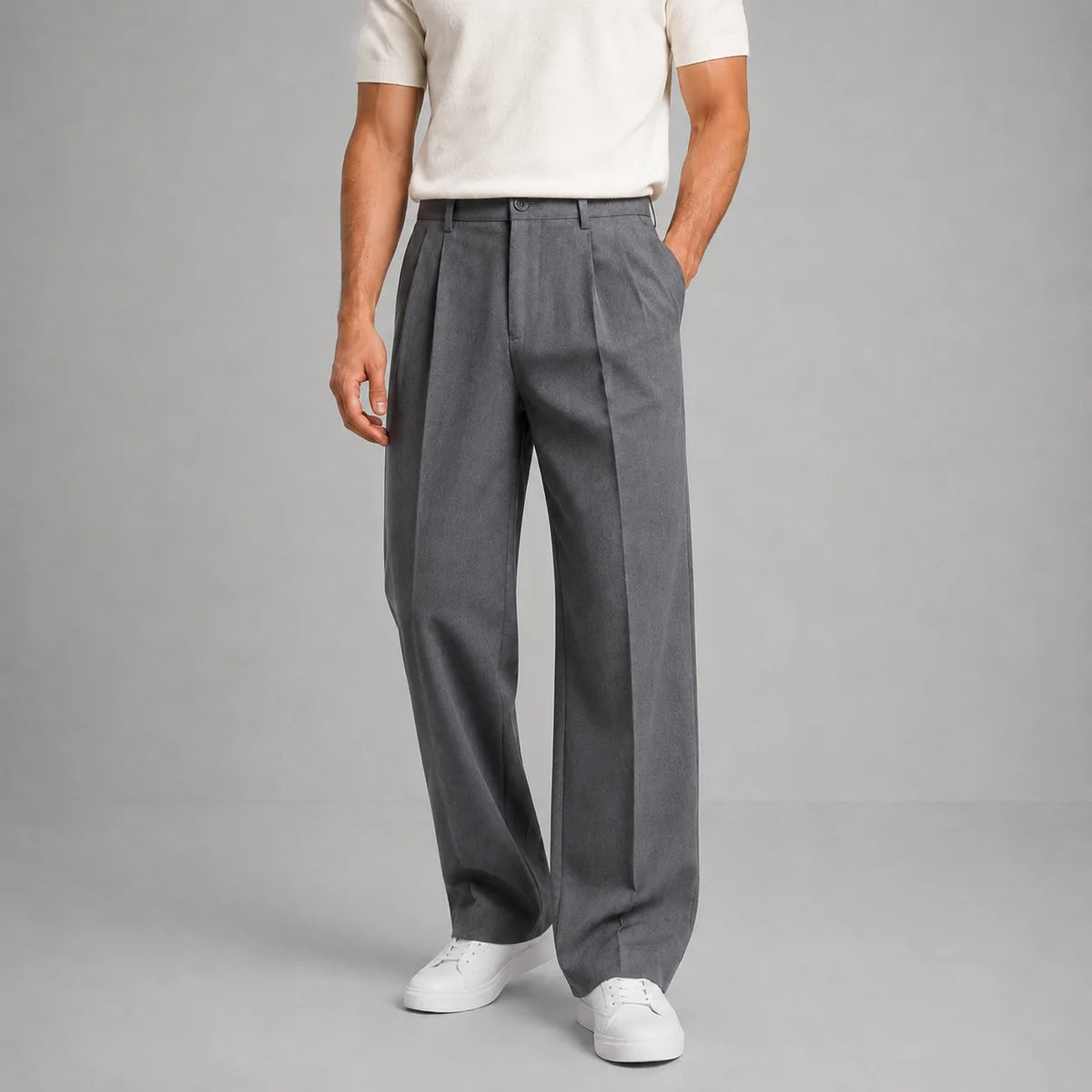 Front view of grey flannel-look tailored trousers with front pleat and straight leg