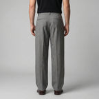 Back view of the grey tailored trousers showing the structured waistband and twin welt pockets