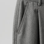 Close-up of the front pleat and pocket stitching detail on the grey wool-blend fabric