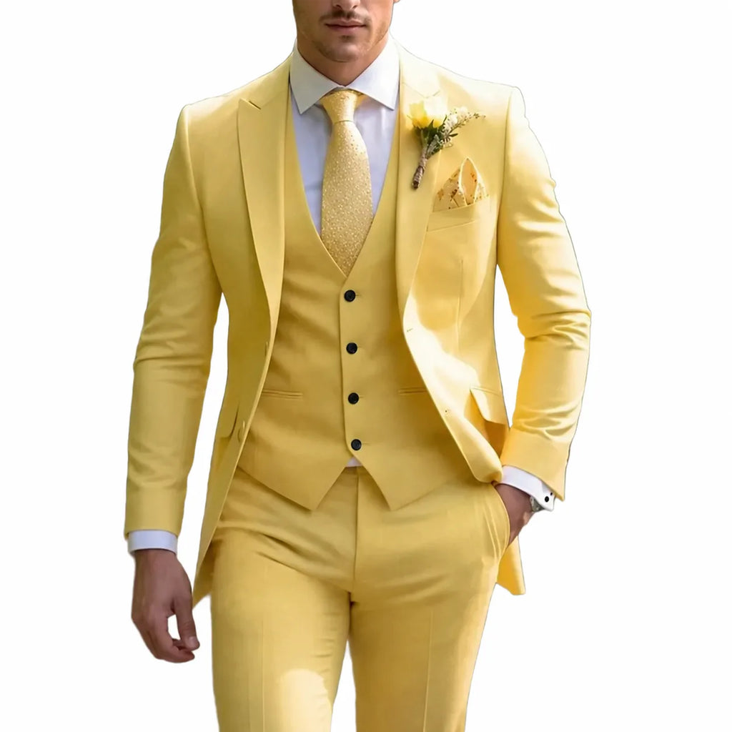 Yellow three-piece suit with peak lapel jacket, matching waistcoat and boutonniere detail