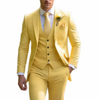 Yellow three-piece suit with peak lapel jacket, matching waistcoat and boutonniere detail