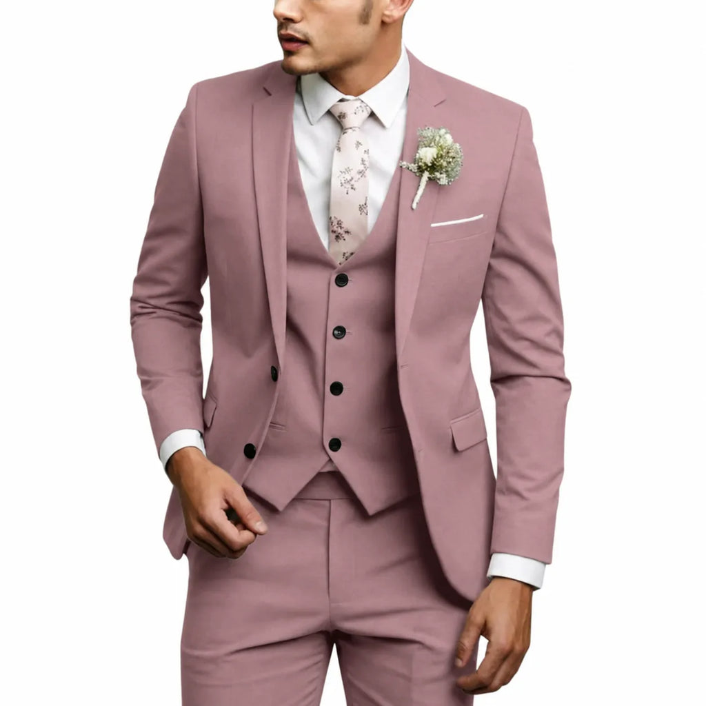 Dusty pink three-piece suit with notch lapel blazer, black buttons and floral tie