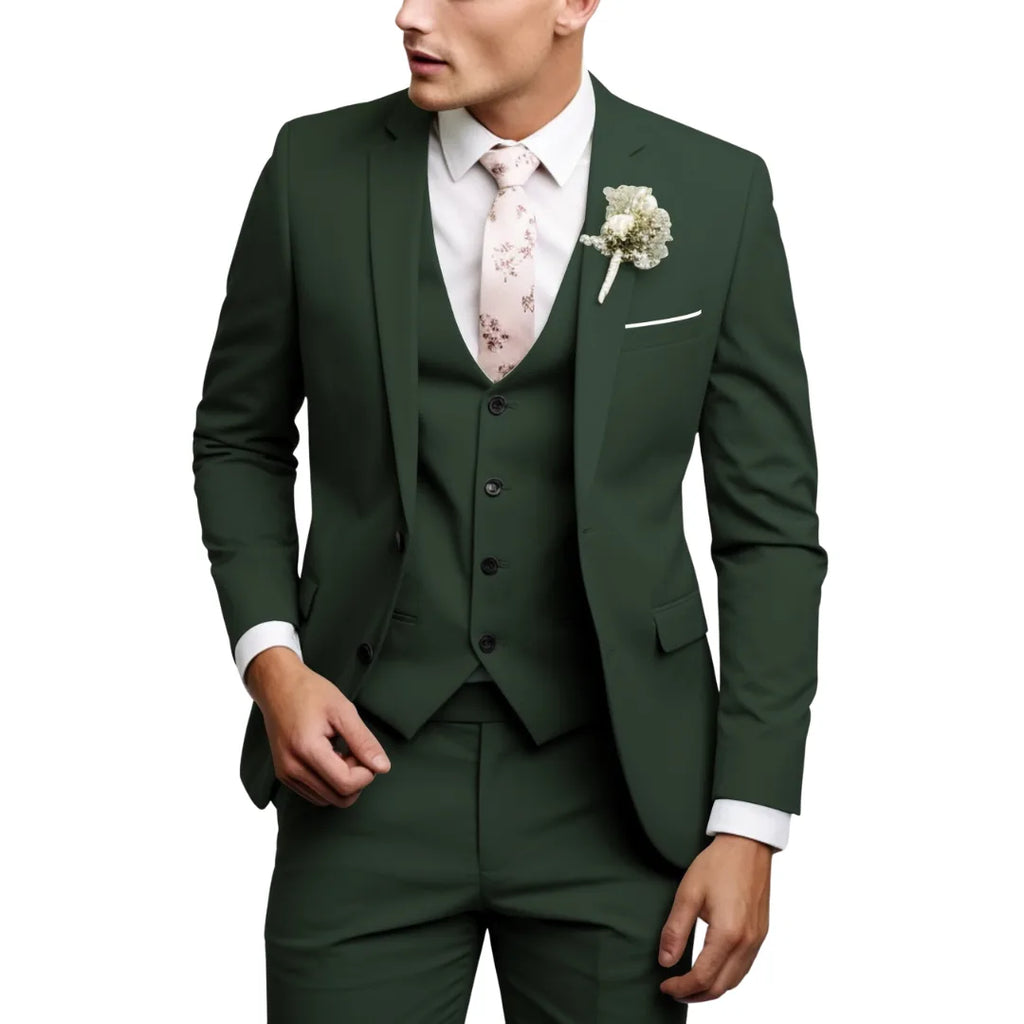 Dark green three-piece suit with notch lapel blazer, matching waistcoat and floral tie